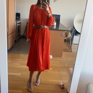Long Sleeve Orange Pleated Midi Dress